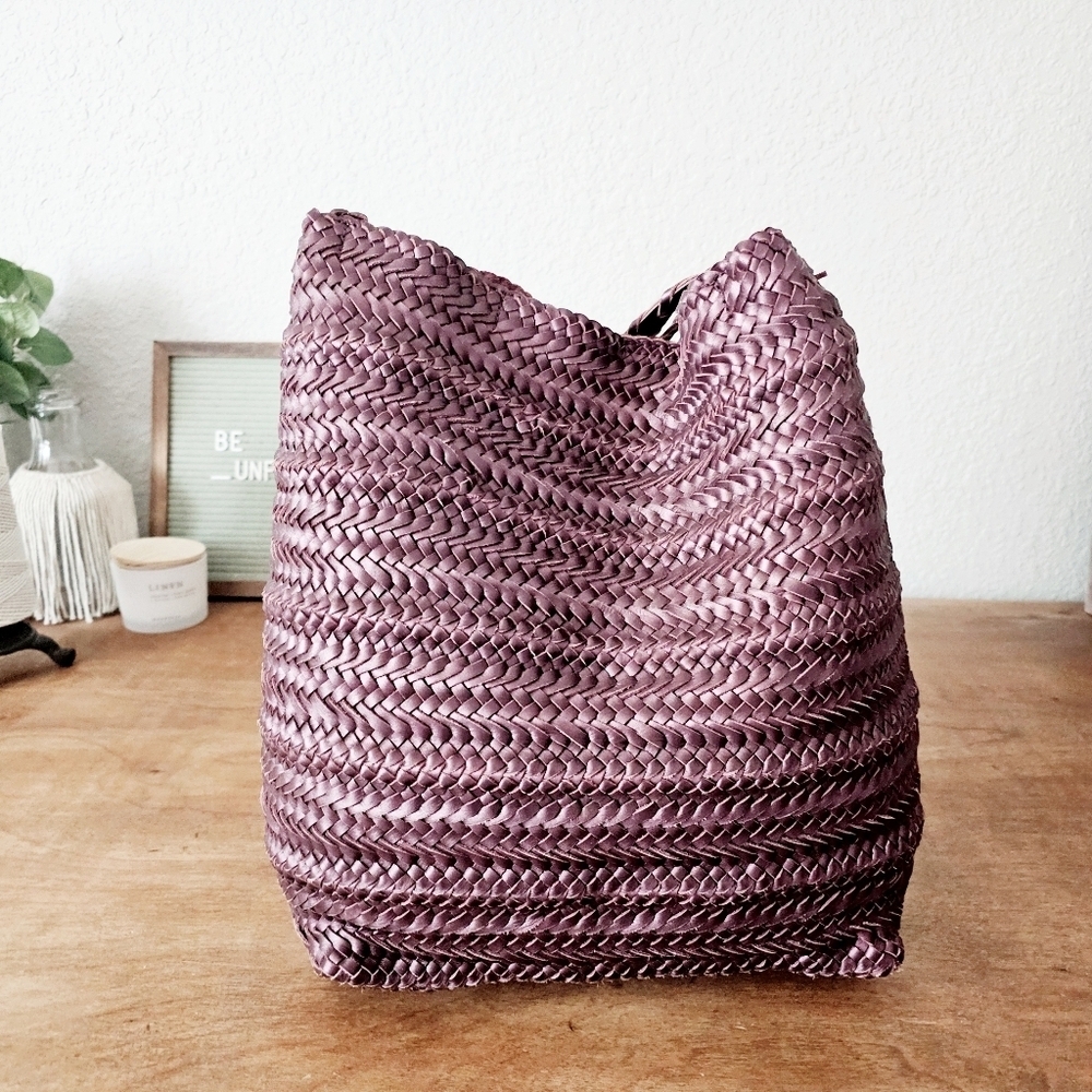 Handcrafted In India Braided Woven Leather Tote Bag Shoulder Purse Purple NWT - Picture 9 of 14